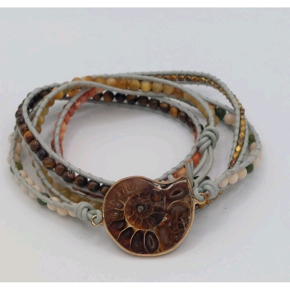 Boho Ammonite Fossil Leather Wrap Bracelet Nature Stone Bead Fibonacci Festival